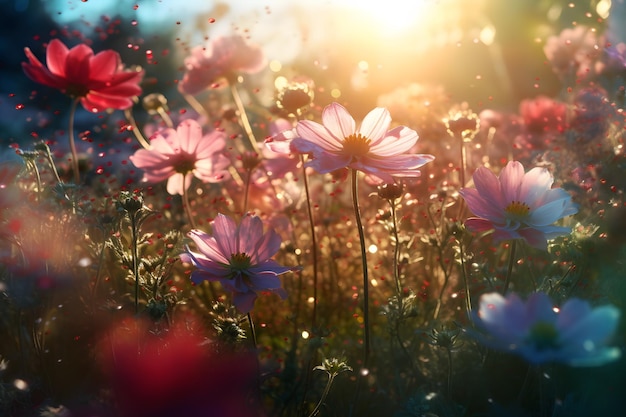 Belles fleurs multicolores sur le terrain Réseau de neurones généré par l'IA