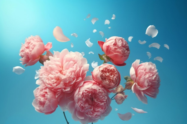 De belles fleurs pastel roses avec des pétales volants Bouquet de pivoine rose sur fond de brise Générez ai