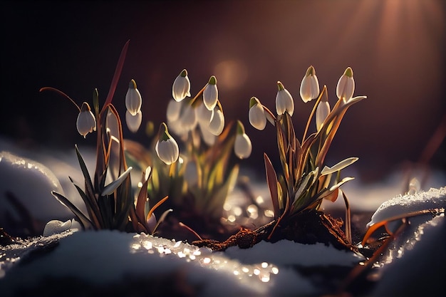 Belles fleurs de perce-neige dans la neige Premier printemps flowersgenerative ai