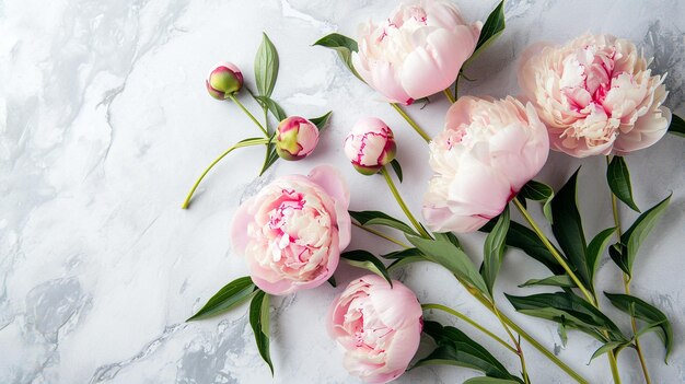 Photo de belles fleurs de pioie roses sur un fond clair avec un espace de copie pour votre texte