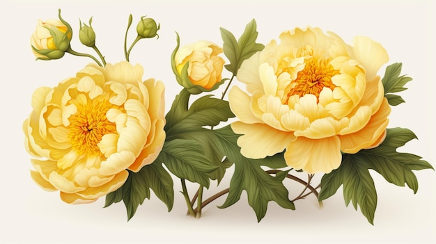 Belles fleurs de pivoine jaune image de fleur fond blanc Art généré par AI
