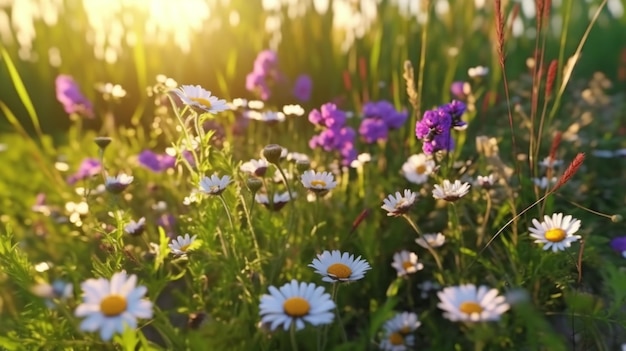 De belles fleurs de prairie, de la camomille et de la violette