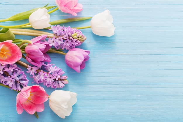 Belles fleurs de printemps sur fond de bois bleu