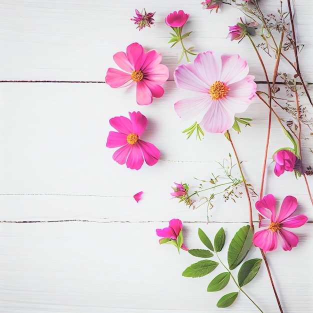 Belles fleurs roses sur fond de bois blanc Concept de la Saint-Valentin avec espace de copie