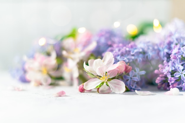 Belles fleurs roses et lilas sur fond clair flou avec des lumières. Fond floral de printemps avec un espace pour le texte.