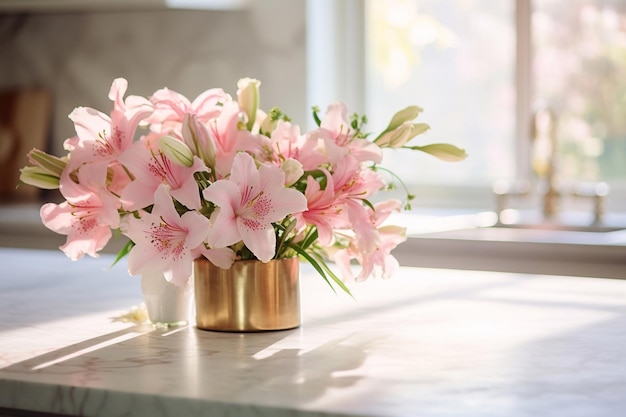 De belles fleurs roses sur une table de cuisine