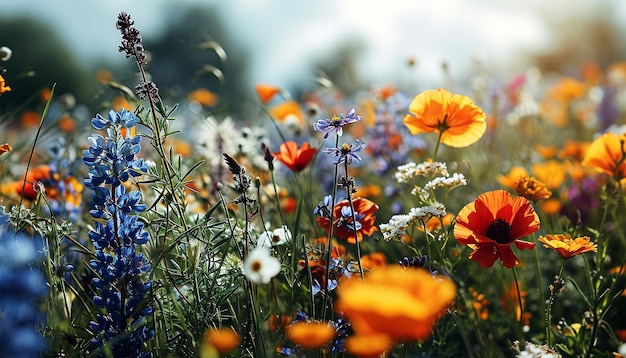 De belles fleurs sauvages aux couleurs du printemps La nature en arrière-plan Une belle prairie avec des fleurs sauvage sur le blanc