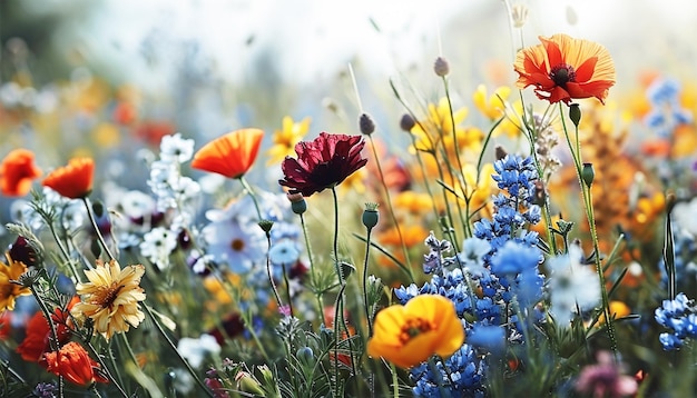 De belles fleurs sauvages aux couleurs du printemps La nature en arrière-plan Une belle prairie avec des fleurs sauvage sur le blanc