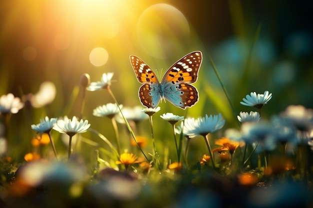 De belles fleurs sauvages et un papillon dans une prairie