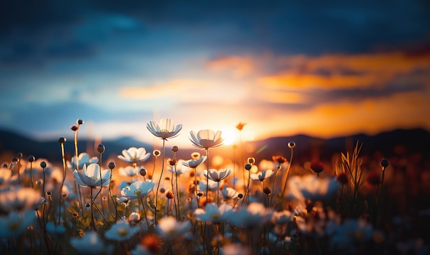 De belles fleurs sauvages sur une prairie verte Un chaud soir d'été avec une prairie lumineuse au coucher du soleil