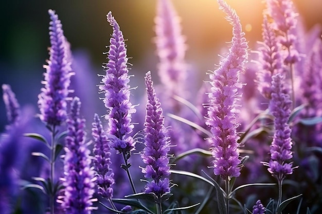 De belles fleurs sauvages en violet jardin de fleurs sauvages dans la brume du matin dans la nature gros plan paysage macro