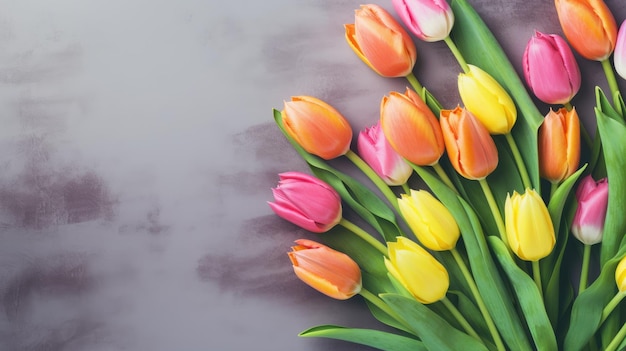 De belles fleurs de tulipes colorées vue de haut Espace pour le texte