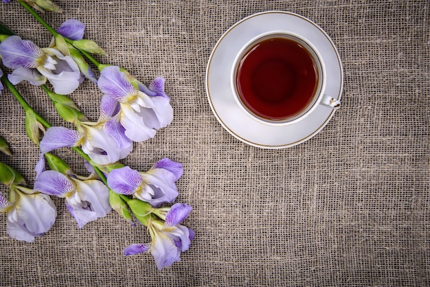 Belles fleurs violettes iris et une tasse de thé sur un fond de toile grise