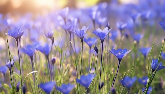 De belles fleurs violettes s'épanouissent dans une prairie verte et vibrante générée par l'intelligence artificielle.