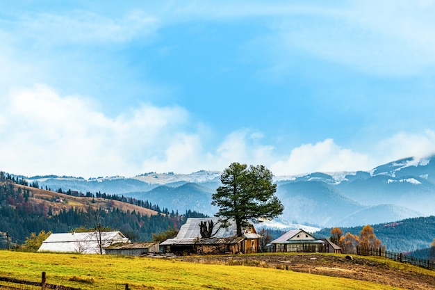 Belles forêts colorées couvrant les montagnes des Carpates et un petit village sur fond de ciel d'automne chaud