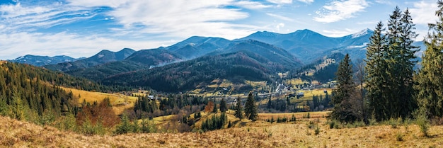 Belles forêts couvrant les montagnes des Carpates et un petit village