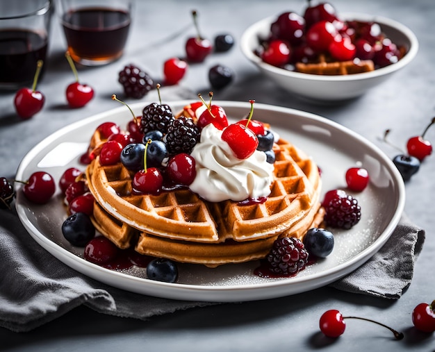 De belles gaufres appétissantes avec des cerises à la crème fouettée et d'autres baies sur une assiette de dessert photo de nourriture