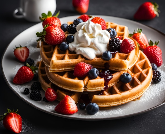 De belles gaufres appétissantes avec de la crème fouettée, des fraises et d'autres baies sur une assiette de dessert photo de nourriture