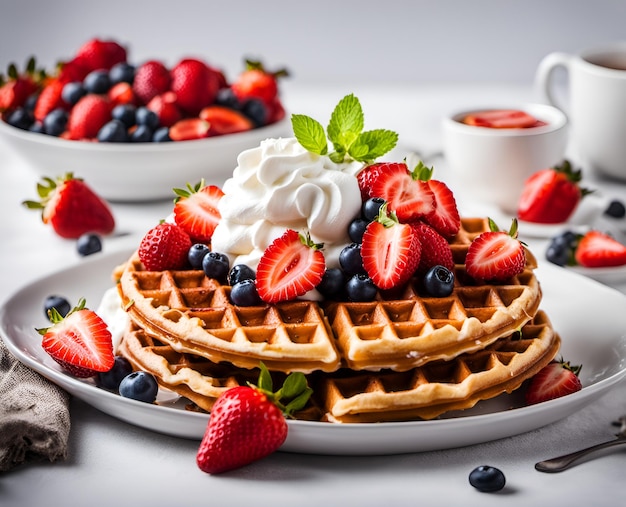 De belles gaufres appétissantes avec de la crème fouettée, des fraises et d'autres baies sur une assiette.