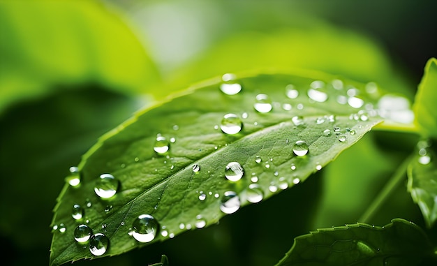De belles gouttes d'eau après la pluie sur une feuille verte sous la lumière du soleil.