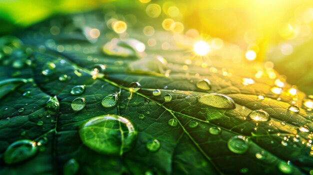 De belles gouttes d'eau de pluie transparente sur une feuille verte