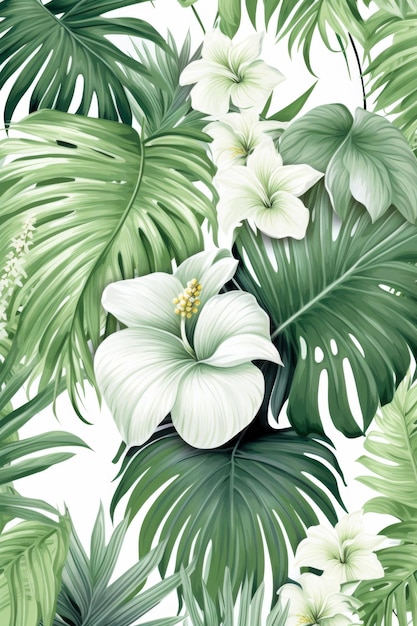 De belles grandes fleurs avec des feuilles tropicales