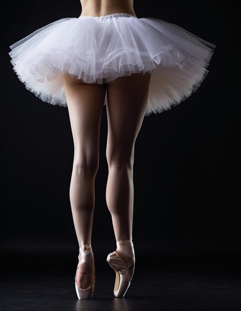 De belles jambes de ballerine dans un tutu blanc sur un fond noir