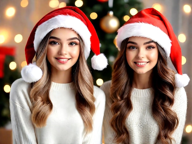De belles jeunes femmes avec des chapeaux de Père Noël sur un fond de Noël flou AI_Generated