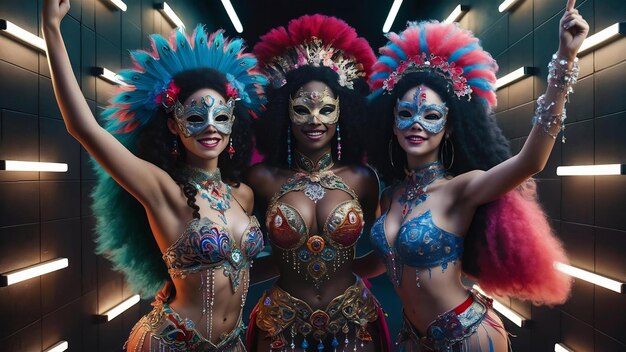 Photo de belles jeunes femmes en costume de carnaval et de mascarade dans des néons colorés sur le mur noir