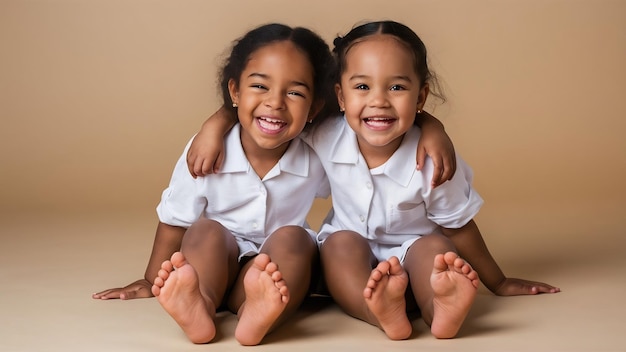 Photo de belles jeunes filles interraciales en chemises blanches pieds nus souriant à la caméra assises sur un dos beige