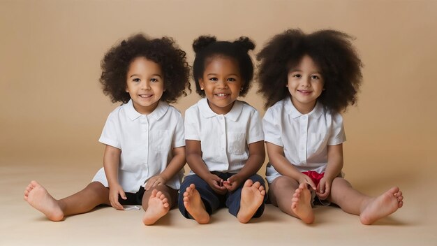 Photo de belles jeunes filles interraciales en chemises blanches pieds nus souriant à la caméra assises sur un dos beige