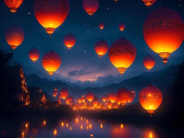 De belles lanternes de tradition asiatique sur le ciel nocturne générées par l'IA