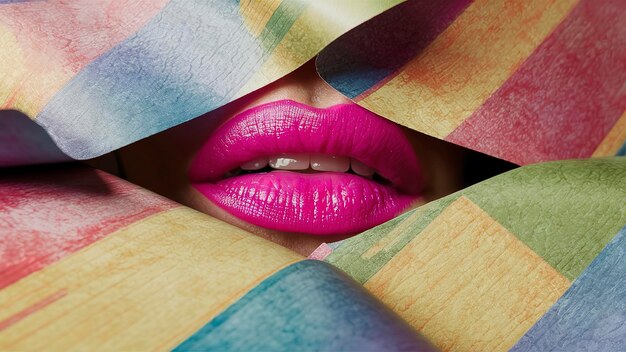 Photo de belles lèvres rouges et brillantes regardent dans la fente du papier coloré.