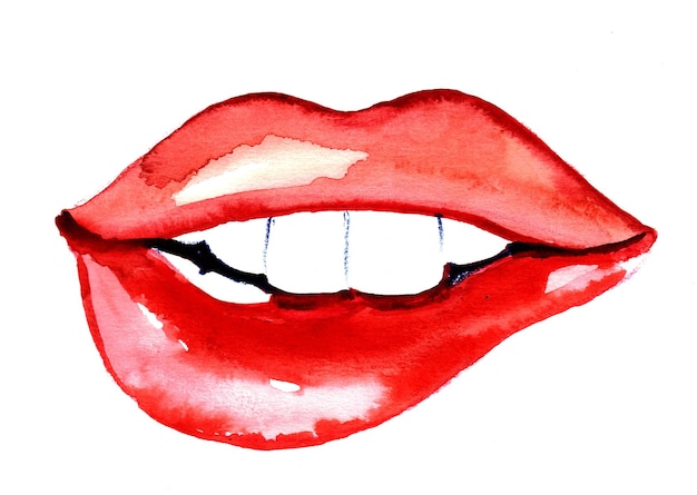 Belles lèvres rouges. Dessin à l'encre et à l'aquarelle