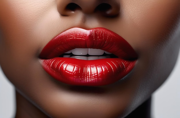 Les belles lèvres rouges d'une femme noire et les dents blanches comme la neige