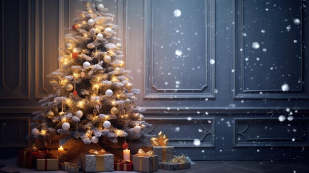 De belles lumières d'arbre de Noël et des boîtes à cadeaux au mur d'une maison