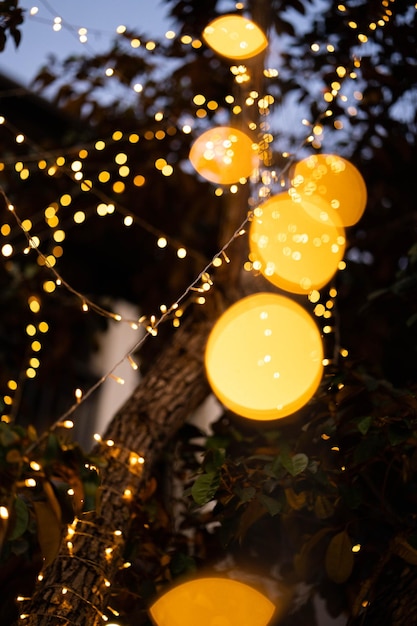 Photo belles lumières chaudes utilisées pour décorer l'arbre