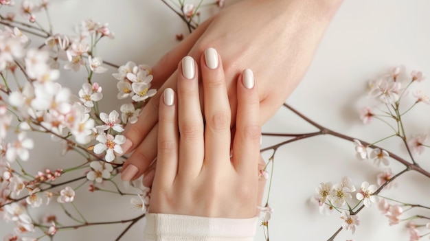 Photo de belles mains féminines avec une manucure minimaliste sur fond blanc avec des fleurs en fleurs