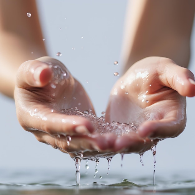 Belles mains féminines se lavant avec de l'eau cristalline