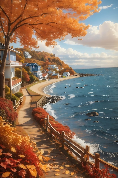 Belles maisons en bord de mer au milieu de l'automne Maisons paisibles en bord de mer dans les feuilles qui tombent