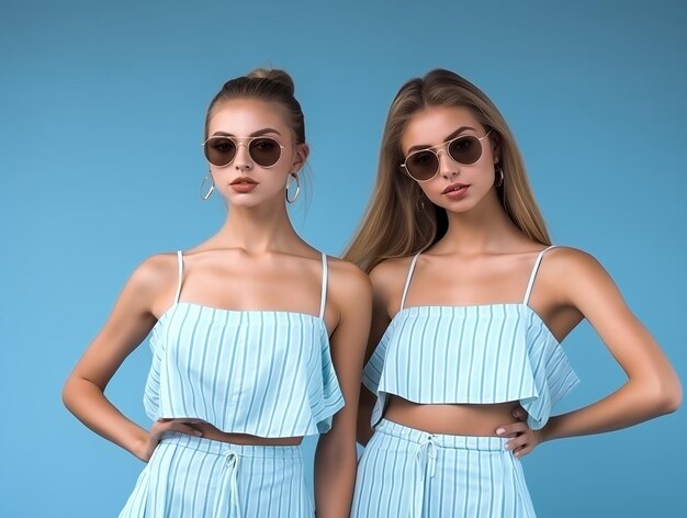 de belles mannequines à la mode sont habillées dans des ensembles d'été à la mode sur fond bleu