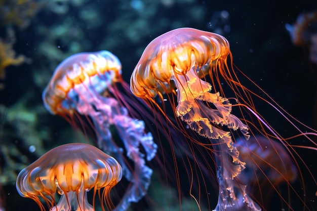 Photo de belles méduses nageant dans la mer des méduses colorées