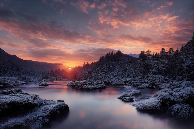 Belles montagnes anciennes au coucher du soleil dans la lumière du soleil du soir et dans le brouillard