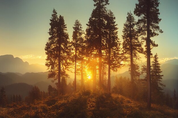 Belles montagnes anciennes au lever du soleil dans la lumière du soleil du soir et dans le brouillard