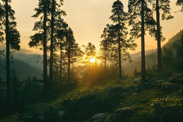 Belles montagnes anciennes au lever du soleil dans la lumière du soleil du soir et dans le brouillard