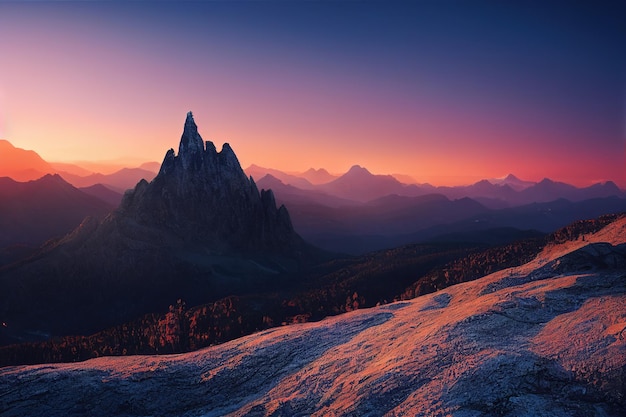 Belles montagnes anciennes à l'aube dans la lumière du soleil du matin et dans le brouillard.