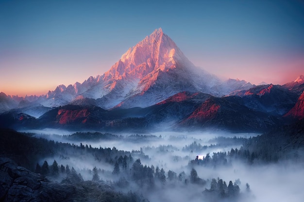 Belles montagnes anciennes à l'aube dans la lumière du soleil du matin et dans le brouillard