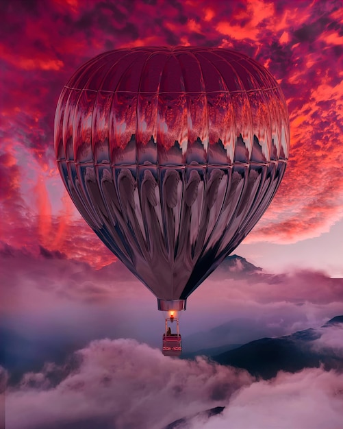 Belles montgolfières sur ciel rouge au coucher du soleil