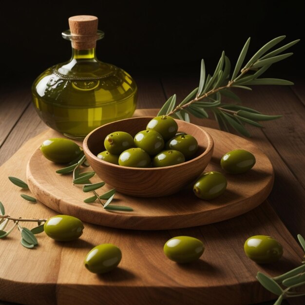 De belles olives vertes avec de l'huile d'olive sur une assiette en bois