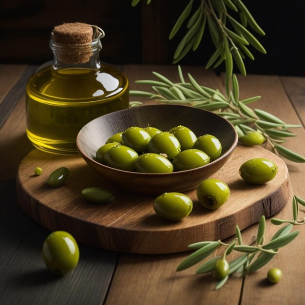 De belles olives vertes avec de l'huile d'olive sur une assiette en bois